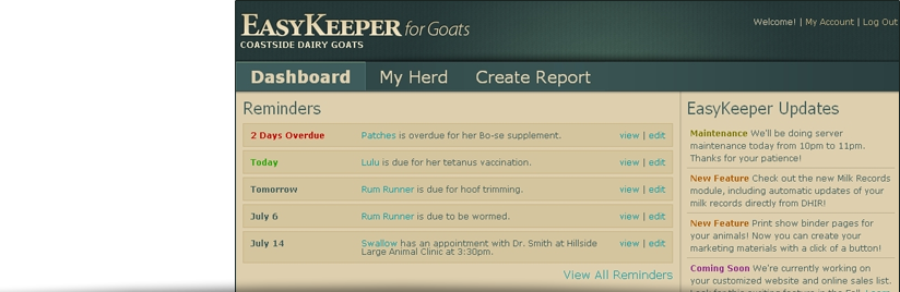 EasyKeeper's dynamic Dashboard feature displays herd management reminders and important notices.
